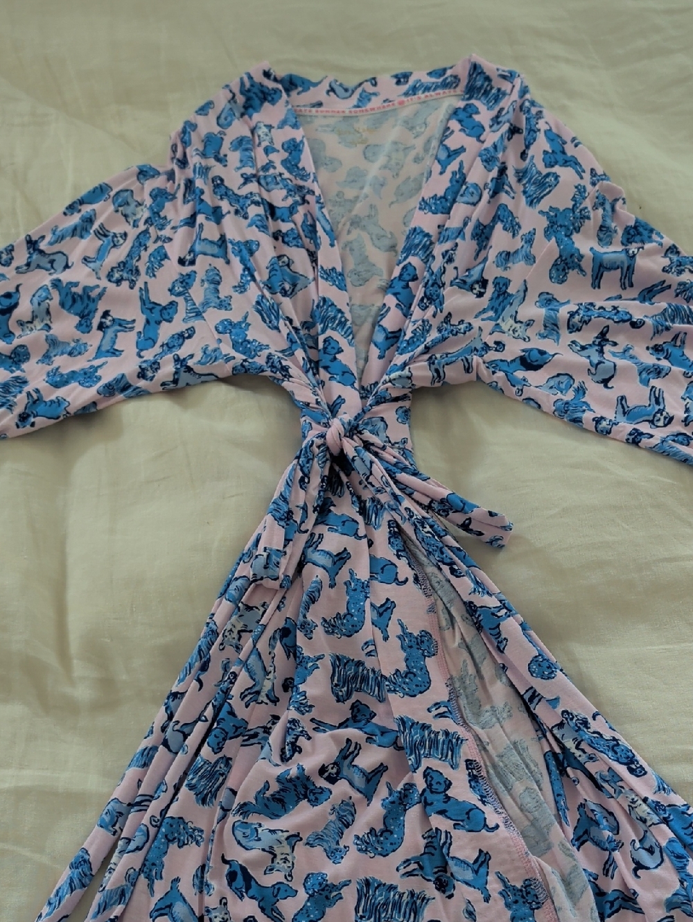 Lilly Pulitzer Pink and Blue Dog Print Wrap Robe